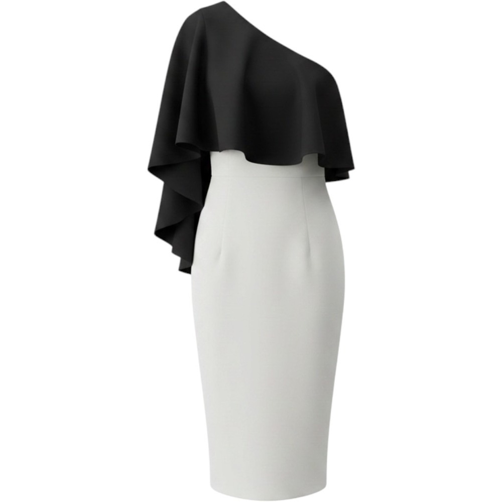 Black Halo Dress Size 4 NWT Black White One Shoulder Cape Midi Cocktail Made LA